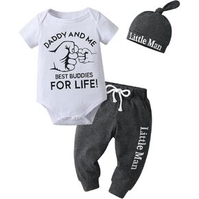 Eghunooy Newborn Baby Boy Clothes Letter Print Romper Pants Hat Infant 3PCS Outfits Set