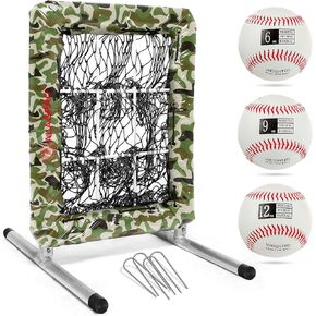 Pocket Pitching Net 9 Hole Pitching Target Strike Zone for Baseball & Softball Pitchers - Best Pitching Aid for Improve Accuracy, Pitcher Training Equipment + 3 Weighted Practice Balls (6, 9, 12 oz)