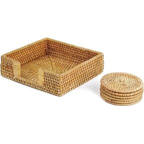 365Home 2-Pack Rattan Napkin Holder Square Napkin Holder Basket Napkin Holder Bar Cocktail Napkin Holder 7.5" x 7.5" x 2.5" and Set 6 Pieces Nature Rattan Coasters Handwoven Coasters 4" Round in Kuwait