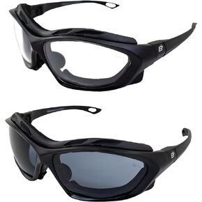 Birdz Eyewear Canopy Padded Motorcycle Sunglasses Riding Safety Glasses ANSI Z87.1 Convertible to Goggles Black Frame w/Anti-Fog Clear and Smoke Lenses 2 Pairs