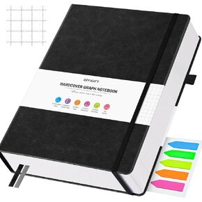 Graph Paper Notebook, 312 Numbered Pages Large A5 Hardcover Leather Journal, 100gsm No Bleed Grid Paper Notebook with Index Pages, Grid Notebook for Graphing Notes Math, 5.75" x 8.38", Black