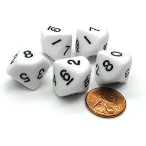 Koplow Games Set of 5 D10 10-Sided 20mm Opaque RPG Dice - White with Black Numbers