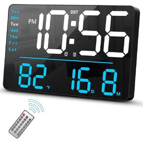 Digital Wall Clock, LED Clock with Remote Control, Digital Clock Large Display with Date Week Temperature for Living Room Decor, 12.6" Large Wall Clocks for Bedroom Office Gym Garage Shop (Blue)