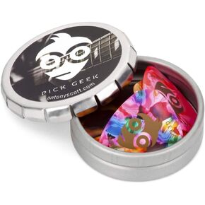 Pick Geek Guitar Pick Set | 18 Cool Custom Assorted Guitar Picks | for your Electric, Acoustic, or Bass Guitar | 5 Different Shapes and Thicknesses | Presented in a Luxury Metal Pocket Box