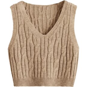 Verdusa Women's V Neck Sleeveless Cable Knitted Crop Tank Top Sweaters Vest Mocha Brown L