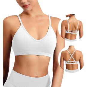 YEOREO Brittany Sports Bras for Women Criss Cross Strappy Adjustable V Neck Padded Low Impact Yoga Gym Bra Workout Crop Tops