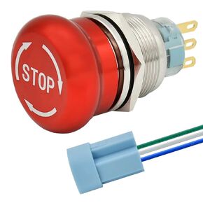 16mm / 0.63" Latching Emergency Stop Push Button Switch Mushroom Stianless Steel 32mm Head with Wired Socket 120V 12V 5V-220V (16MM Big Head 1NO 1NC)