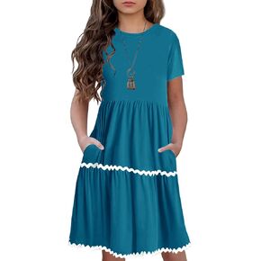 YOVION Girls Summer Short Sleeve Boho Tiered Swing Casual Short Dress with Pockets for 6-12 Years