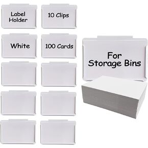 Top label Clip Label Holder,Kitchen Organization Clips,Basket Bin Labels Clip for Kitchen Classroom Pantry,10 Pcs Holders and 100 Pcs White Blank Cards