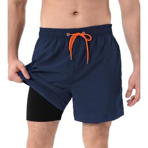 Mens Swim Trunks with Compression Liner Quick Dry Swim Shorts 2 in 1 Bathing Suits with Zipper Pockets