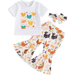 Toddler Baby Girl Farm Outfit Local Egg Dealer Chicken T-Shirt Top Chick Flare Pants Headbands Set Summer Clothes