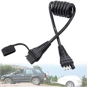 4-Way Flat Trailer Plug Extension Coiled Cable 36" 4-pin Male and Female Trailer Cable with Dust Cover 18AWG P-045-1m