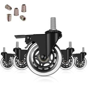 Hirate 2" Swivel Stem Casters with Locking Brake Threaded 3/8"-16UNC for Office Chairs Furniture and Shelves, Heavy Duty Caster Replacement Pack of 5 with 3/8" Thread Screw Inserts