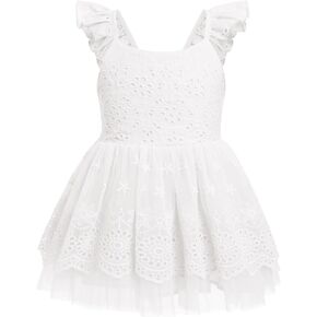 OBEEII Baptism Dress for Baby Girl First Birthday Outfit Flutter Sleeve Boho Floral Lace Tutu Dress Smocked Party Wedding Cake Smash Photoshoot Casual Summer Dress White 6-12 Months