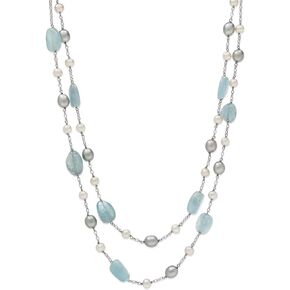 Natural Aquamarine & Cultured Freshwater Pearl Layered Station Chain Necklace