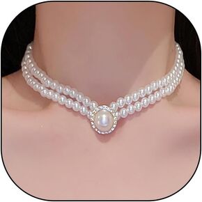 Rhinestone Multi-Layer Round Pearl Necklace for Women Boho Style Pearl Necklace 2 Layer Exquisite Pendant Pearl Necklace Prom Party Beach