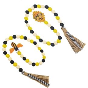 2 Pieces Bee Wood Bead Garland with Tassels,QMTSINE Wood Bead Tassel Banner,3 Color Bee Tiered Tray Decor Honeybee Wood Bead Rustic Farmhouse Bead Garland (Bee and Honeycomb Tag)