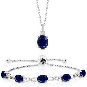 Gem Stone King 925 Sterling Silver Blue Sapphire Pendant and Adjustable Tennis Bracelet Bundle Set For Women in Kuwait