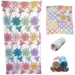 Beach Towel || XL Waffle Weave Microfiber || Travels Compact || Quick Drying || Ultra Absorbent || Camping, Beach, Boating, Pool || Elastic Storage Loop || Kiwi… (Black Daisy)