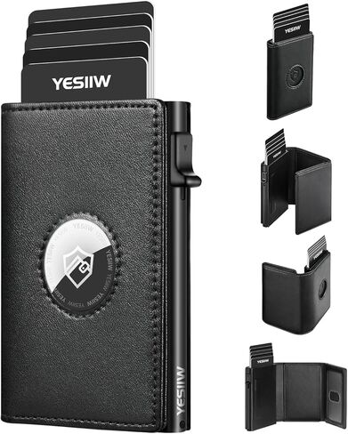 محفظة Airtag للرجال مع حامل بطاقة هوائية من الجلد المحبب العلوي، محفظة للرجال من Apple Air Tag، حامل بطاقة ائتمان منبثق مع جيب مخفي ثلاثي الطي، يحمل سعة 10 بطاقات، نافذة لبطاقة الهوية (أسود) in Kuwait