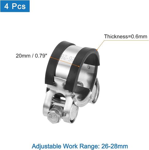 مشبك خرطوم T-Bolt من uxcell، 4 قطع 26-28 مم قابل للتعديل من الفولاذ المقاوم للصدأ والمطاط المبطن بمبرد داخلي ومشابك خرطوم للأغراض الصناعية in Kuwait
