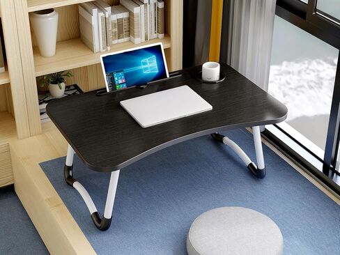 طاولة سرير للكمبيوتر المحمول، مكتب قائم قابل للطي ومحمول مع فتحة للكوب، حامل للكمبيوتر المحمول وصينية الإفطار وحامل كتب للحديقة - أسود in Kuwait