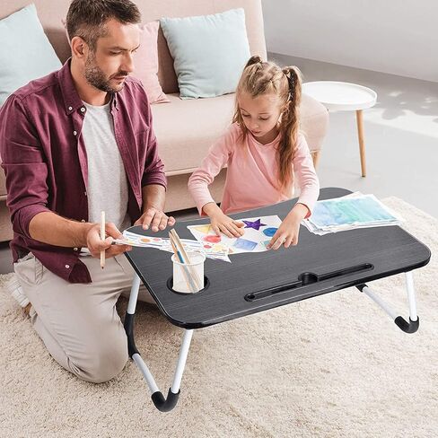 طاولة سرير للكمبيوتر المحمول، مكتب قائم قابل للطي ومحمول مع فتحة للكوب، حامل للكمبيوتر المحمول وصينية الإفطار وحامل كتب للحديقة - أسود in Kuwait