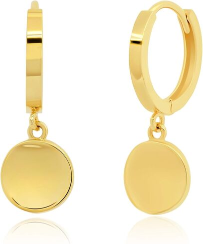 MAX + STONE 14k Yellow Gold Small Huggie Dangle Hoop Earrings for Women with Round Plates 10mm in Saudi Arabia