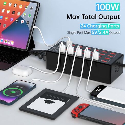 محطة شحن USB بقوة 100 وات (20 أمبير) ذات 24 منفذًا، شاحن USB لسطح المكتب للسفر، محطة شحن USB متعددة المنافذ متوافقة مع الهواتف الذكية والأجهزة اللوحية والأجهزة الأخرى in Kuwait