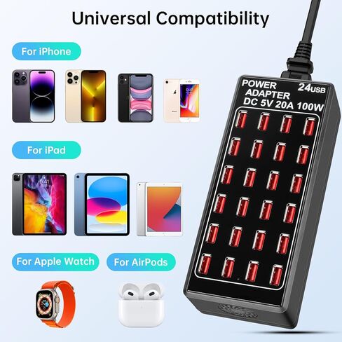 محطة شحن USB بقوة 100 وات (20 أمبير) ذات 24 منفذًا، شاحن USB لسطح المكتب للسفر، محطة شحن USB متعددة المنافذ متوافقة مع الهواتف الذكية والأجهزة اللوحية والأجهزة الأخرى in Kuwait