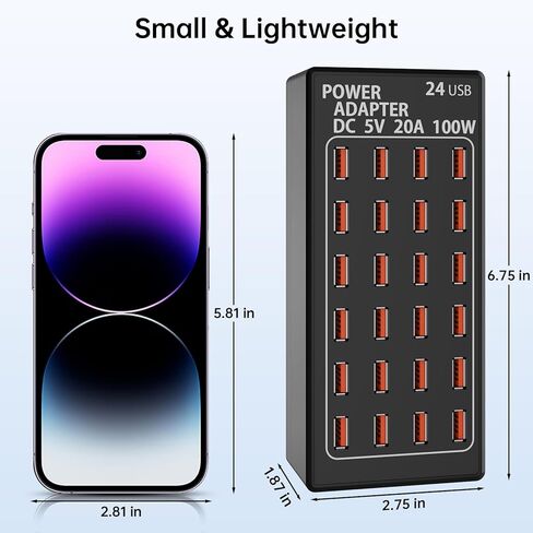 محطة شحن USB بقوة 100 وات (20 أمبير) ذات 24 منفذًا، شاحن USB لسطح المكتب للسفر، محطة شحن USB متعددة المنافذ متوافقة مع الهواتف الذكية والأجهزة اللوحية والأجهزة الأخرى in Kuwait
