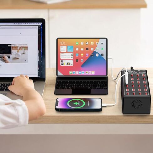 محطة شحن USB بقوة 100 وات (20 أمبير) ذات 24 منفذًا، شاحن USB لسطح المكتب للسفر، محطة شحن USB متعددة المنافذ متوافقة مع الهواتف الذكية والأجهزة اللوحية والأجهزة الأخرى in Kuwait