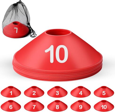 10 قطع من مخاريط الأقراص الرياضية المرقمة 1-10 مخاريط كرة القدم مع حقيبة حمل شبكية، مخاريط خفة الحركة المرنة، مخاريط ميدانية ناعمة لفصول الصالة الرياضية PE والأنشطة المدرسية والألعاب ومعدات التدريب الرياضي in Kuwait