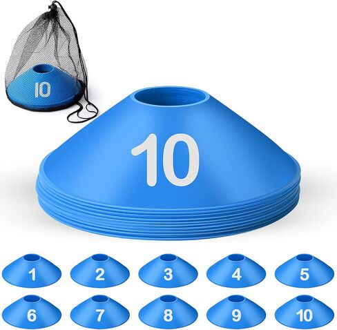 10 قطع من مخاريط الأقراص الرياضية المرقمة 1-10 مخاريط كرة القدم مع حقيبة حمل شبكية، مخاريط خفة الحركة المرنة، مخاريط ميدانية ناعمة لفصول الصالة الرياضية PE والأنشطة المدرسية والألعاب ومعدات التدريب الرياضي in Kuwait