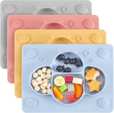4 Pcs Suction Plates for Baby Placemat Silicone Baby Plates Divided Plates for Kids Toddlers Food Dishes Dinnerware Microwave Dishwasher Friendly, 4 Colors in Saudi Arabia