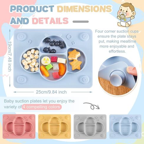 4 Pcs Suction Plates for Baby Placemat Silicone Baby Plates Divided Plates for Kids Toddlers Food Dishes Dinnerware Microwave Dishwasher Friendly, 4 Colors in Saudi Arabia