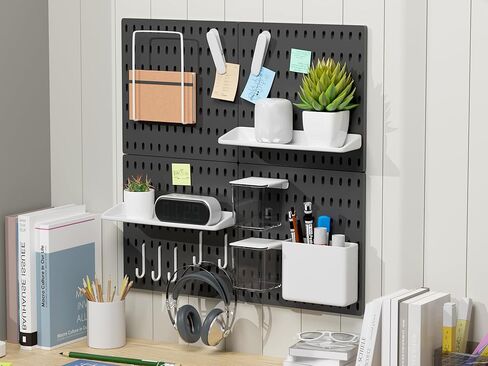 أرفف Pegboard العائمة مع وحدات تعليق للتنظيم الإبداعي DIY، تركيب بدون أظافر، 4 Pegboard و14 ملحقًا (22 بوصة × 22 بوصة، موديل أسود 2) in Kuwait