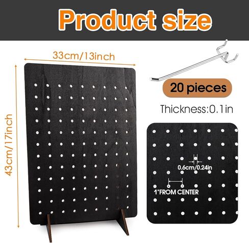 2 قطعة حامل عرض Pegboard مع 20 قطعة خطاف معدني أسود خشبي للبيع بالتجزئة رف سلسلة مفاتيح عرض حامل لعروض المجوهرات الحرفية، البيع، منظم رف إكسسوارات لوح الوتد (قطعتان أسودتان 17 بوصة × 13 بوصة) in Saudi Arabia