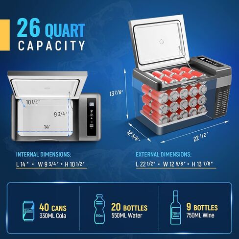 منتجات AA ثلاجة سيارة 26 لتر/25 لتر، ثلاجة محمولة مع سلك تيار مستمر 12/24 فولت ومحول تيار متردد 100-240 فولت للشاحنة ورحلة التخييم والمنزل - 7.6 درجة فهرنهايت ~ 50 درجة فهرنهايت أسود in Kuwait