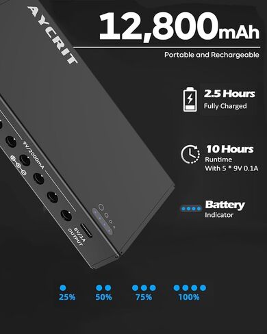 10 مخارج إمداد طاقة بدواسة 12800 مللي أمبير في الساعة، مقابس 18 فولت 12 فولت 9 فولت (1.5 أمبير) ومنفذ 5 فولت 1 أمبير USB-C، قابل لإعادة الشحن ومحمول مع مؤشر، 5.75 × 2.99 × 0.9 بوصة in Kuwait