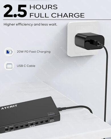 10 مخارج إمداد طاقة بدواسة 12800 مللي أمبير في الساعة، مقابس 18 فولت 12 فولت 9 فولت (1.5 أمبير) ومنفذ 5 فولت 1 أمبير USB-C، قابل لإعادة الشحن ومحمول مع مؤشر، 5.75 × 2.99 × 0.9 بوصة in Kuwait