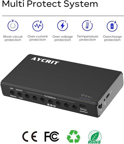 10 مخارج إمداد طاقة بدواسة 12800 مللي أمبير في الساعة، مقابس 18 فولت 12 فولت 9 فولت (1.5 أمبير) ومنفذ 5 فولت 1 أمبير USB-C، قابل لإعادة الشحن ومحمول مع مؤشر، 5.75 × 2.99 × 0.9 بوصة in Kuwait