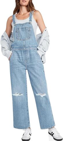 PLNOTME Womens Denim Overalls Ripped Wide Leg Baggy Adjustable Strap Casual Jeans Overall Jumpsuits in Saudi Arabia