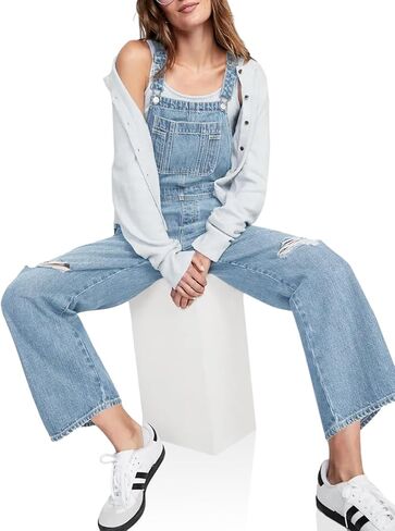 PLNOTME Womens Denim Overalls Ripped Wide Leg Baggy Adjustable Strap Casual Jeans Overall Jumpsuits in Saudi Arabia