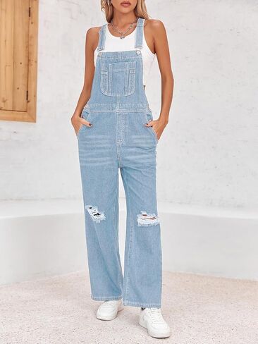 PLNOTME Womens Denim Overalls Ripped Wide Leg Baggy Adjustable Strap Casual Jeans Overall Jumpsuits in Saudi Arabia