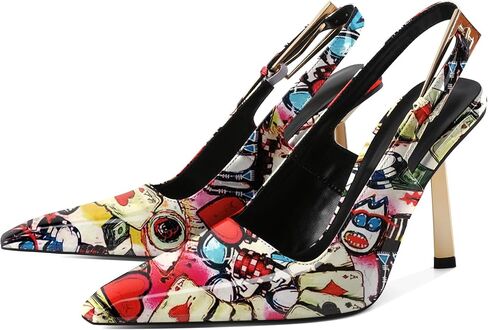 Eldof Slingback Heels for Women Metallic Buckle Square Toe Slip On Gold Stilettos High Heel Pumps Shoes Dressy 4 Inches in Kuwait