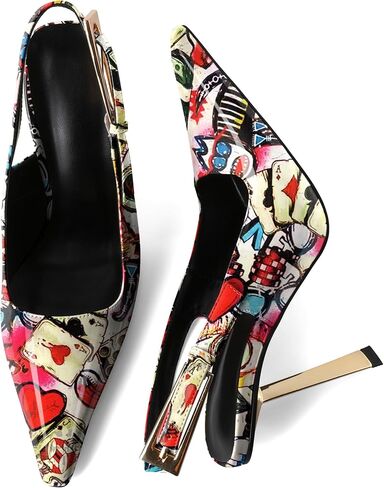 Eldof Slingback Heels for Women Metallic Buckle Square Toe Slip On Gold Stilettos High Heel Pumps Shoes Dressy 4 Inches in Kuwait