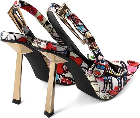 Eldof Slingback Heels for Women Metallic Buckle Square Toe Slip On Gold Stilettos High Heel Pumps Shoes Dressy 4 Inches in Kuwait