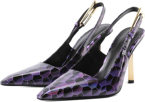 Eldof Slingback Heels for Women Metallic Buckle Square Toe Slip On Gold Stilettos High Heel Pumps Shoes Dressy 4 Inches in Kuwait