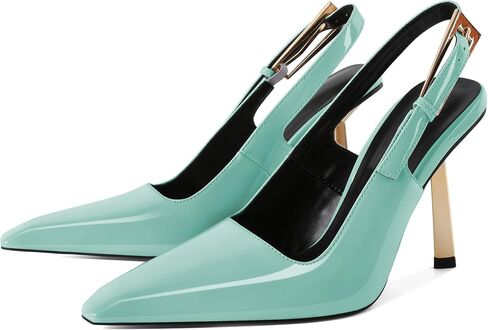 Eldof Slingback Heels for Women Metallic Buckle Square Toe Slip On Gold Stilettos High Heel Pumps Shoes Dressy 4 Inches in Kuwait